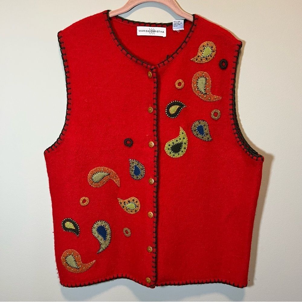 Vintage Marisa Christina Women’s Wool Sweater Vest Red Paisley XL